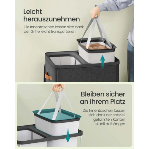 Dvojkomorový košík na bielizeň s vekom, čierny, 56x40x75 cm