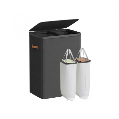 Dvojkomorový košík na bielizeň s vekom, čierny, 56x40x75 cm
