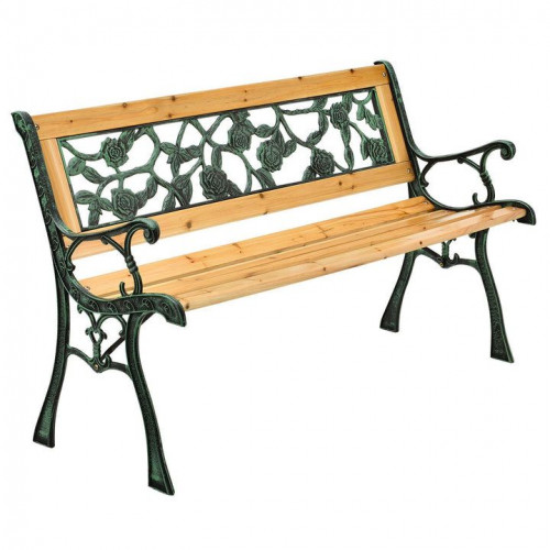 Záhradná lavička 122 cm, motív ruží, drevo/liatina