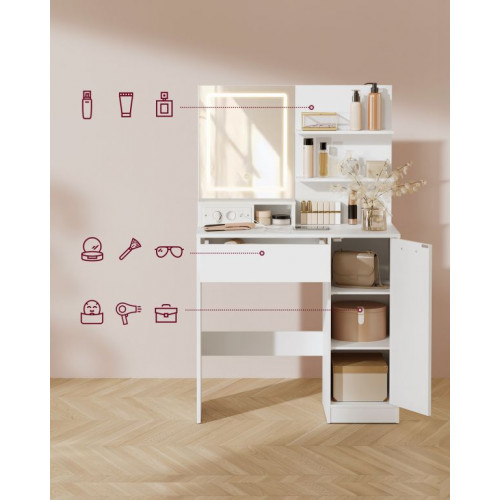 Kozmetický stolík s LED zrkadlom, USB, biely, 80x40x132,5 cm