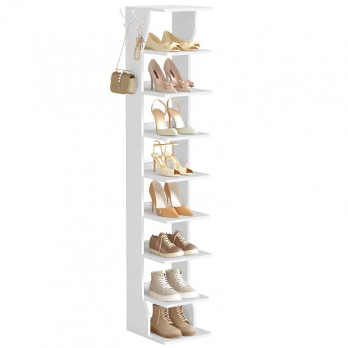 Biely úzky botník s háčikmi, 9 políc, 26,5 x 30 x 147 cm