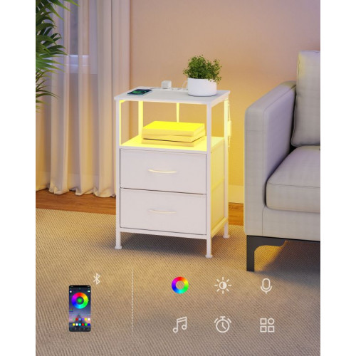 Biely nočný stolík s LED, USB a zásuvkami, 39,6x30x60,4 cm