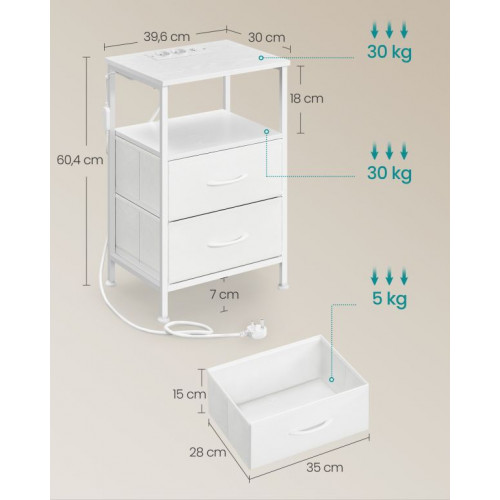 Biely nočný stolík s LED, USB a zásuvkami, 39,6x30x60,4 cm
