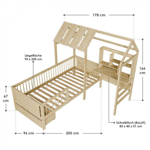 Prírodná detská posteľ v tvare domčeka s úložným priestorom
