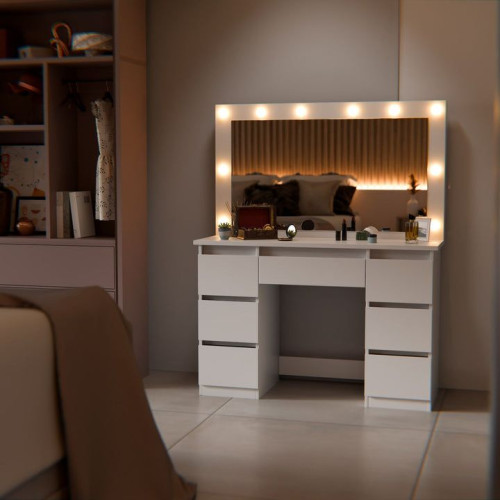 Toaletný stolík s LED zrkadlom a 7 zásuvkami, biely