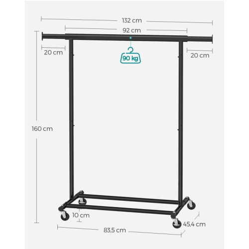 Oceľový vešiak na odevy na kolieskach, rozťahovateľný, 90 kg Oceľový vešiak na odevy na kolieskach, rozťahovateľný, 90 kg