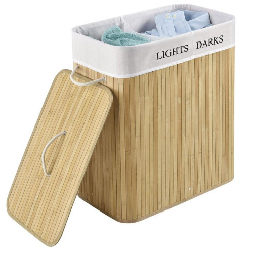 Bambusový košík na bielizeň 100 l, 2 priehradky, prírodný