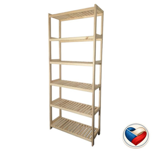 Drevený regál s 6 policami, 213 × 70 × 33 cm, borovica