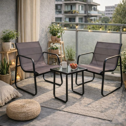 Záhradný relaxačný set stôl a 2 kreslá, oceľ, šedá