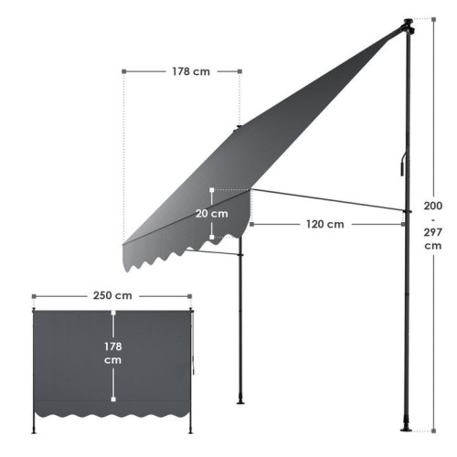 Balkónová markíza 250x120 cm, sivá, výškovo nastaviteľná