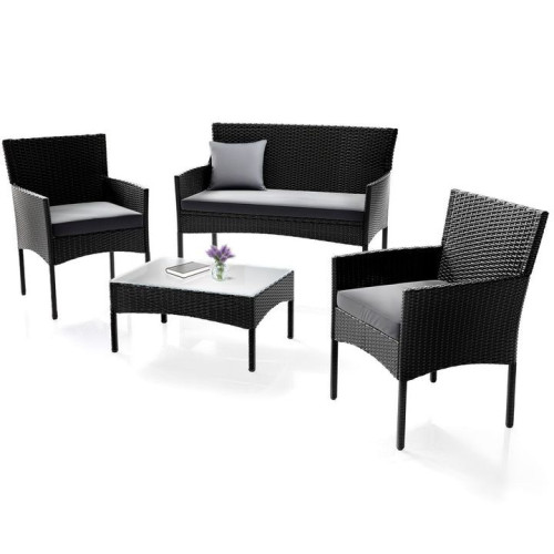 Záhradný set pre 4 osoby, kreslá a stôl, čierny ratan