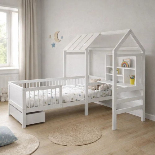 Biela detská posteľ domček s úložným priestorom a stolom