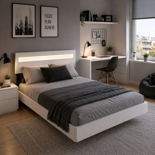 Plávajúca posteľ 140x200 cm, biela s LED čelom