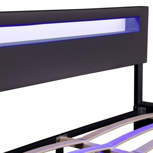 Moderná čierna čalúnená posteľ 160x200 s LED a roštom