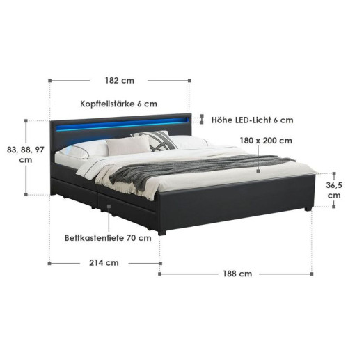Posteľ 180x200 čierna s LED a úložnými šuplíkmi Posteľ 180x200 čierna s LED a úložnými šuplíkmi