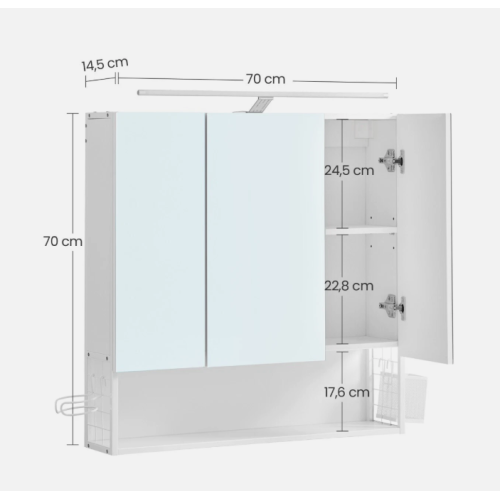 Biela kúpeľňová skrinka so zrkadlami a LED osvetlením 70×70