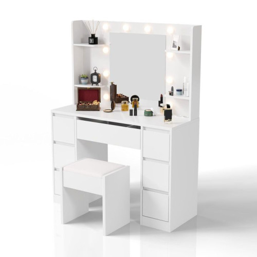 Kozmetický stolík s LED zrkadlom a taburetom, biely