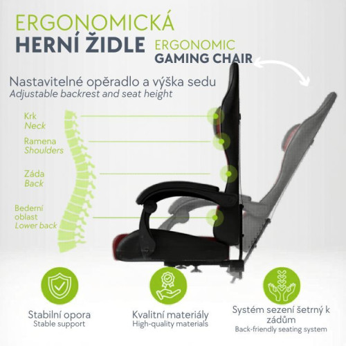 Ergonomická herná stolička, čierna/červená, vankúšiky, Ergonomická herná stolička, čierna/červená, vankúšiky,