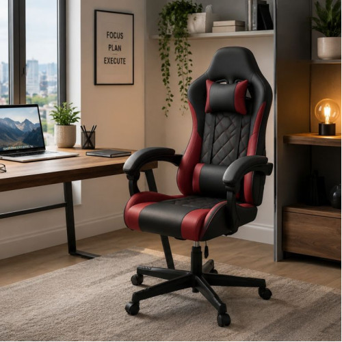 Ergonomická herná stolička, čierna/červená, vankúšiky,