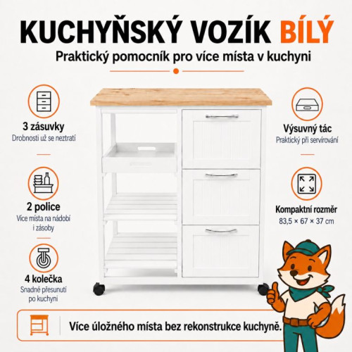 Kuchynský vozík na kolieskach so zásuvkami, biely