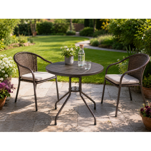 Okrúhly bistro stôl 80 cm – hnedý, oceľ a plast