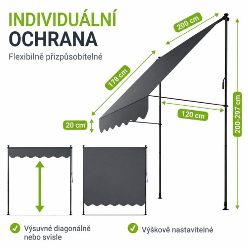 Balkónová markíza 200x120 cm, sivá, výškovo nastaviteľná Balkónová markíza 200x120 cm, sivá, výškovo nastaviteľná