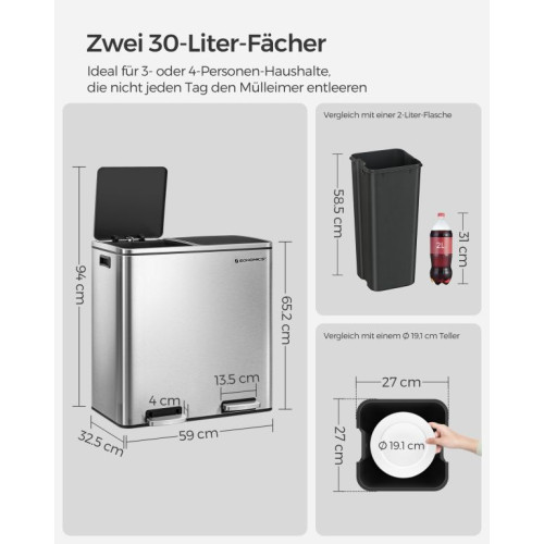Nerezový kuchynský kôš na triedený odpad 2x30 l Nerezový kuchynský kôš na triedený odpad 2x30 l