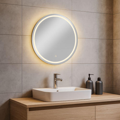 LED kúpeľňové zrkadlo 70x70 cm, okrúhle, s rámom
