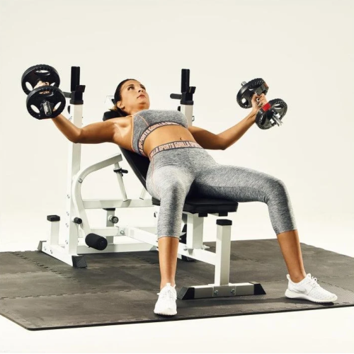 Gorilla Sports Sada posilňovacej lavice + nakladací set, biela Gorilla Sports Sada posilňovacej lavice + nakladací set, biela