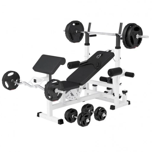 Gorilla Sports Sada posilňovacej lavice + nakladací set, biela