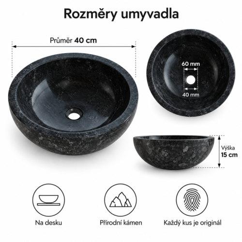 Kamenné umývadlo Gemma 501 leštený mramor Ø40 cm, black Kamenné umývadlo Gemma 501 leštený mramor Ø40 cm, black