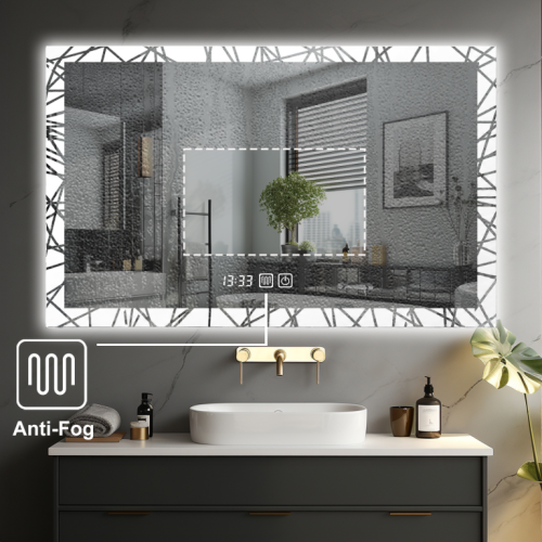 Luxusné LED zrkadlo do kúpeľne 90×70, hodiny a odmlžovanie Luxusné LED zrkadlo do kúpeľne 90×70, hodiny a odmlžovanie