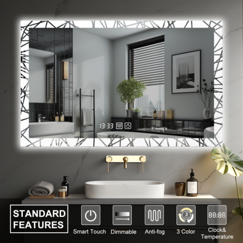 Luxusné LED zrkadlo do kúpeľne 90×70, hodiny a odmlžovanie Luxusné LED zrkadlo do kúpeľne 90×70, hodiny a odmlžovanie