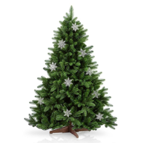 Umelý vianočný stromček 150cm s vločkami a dreveným stojanom