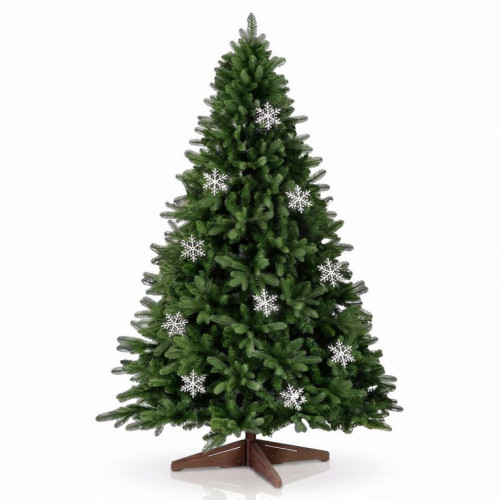 Umelý vianočný stromček 220cm s vločkami a dreveným stojanom