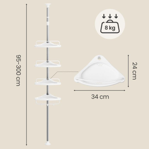 Nastaviteľná sprchová polica biela, 4 priehradky, 95–300 cm Nastaviteľná sprchová polica biela, 4 priehradky, 95–300 cm