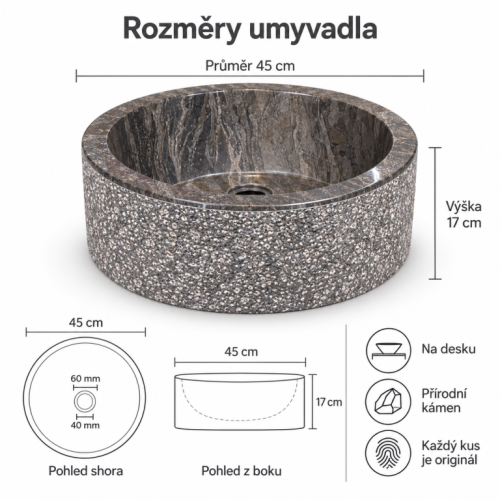 Umývadlo z prírodného kameňa MIRUM 509 Ø 45 cm Black