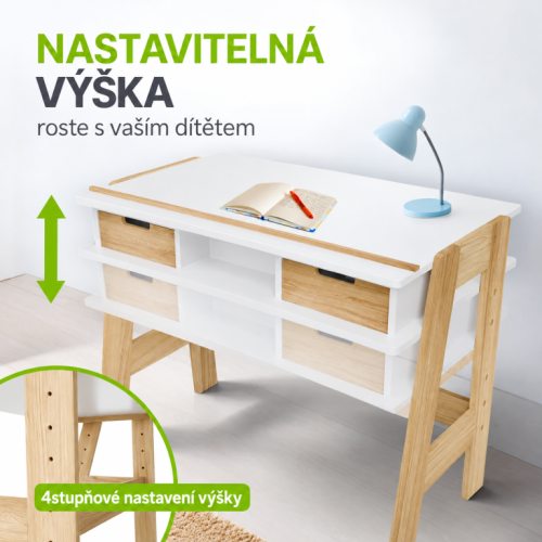 Detský rastúci stôl s úložným priestorom, biely
