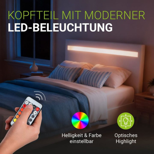 Moderná biela čalúnená posteľ 90x200 s LED a roštom Moderná biela čalúnená posteľ 90x200 s LED a roštom