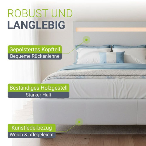 Moderná biela čalúnená posteľ 90x200 s LED a roštom Moderná biela čalúnená posteľ 90x200 s LED a roštom